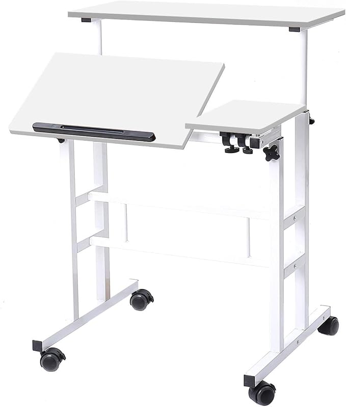 DlandHome Adjustable Rolling Sit-Stand Desk, Mobile Computer Desk Stand Up Workstation, White