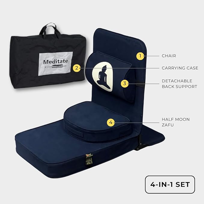 Friends Of Meditation Buddha Meditation Chair – Portable Folding Yoga Chair for Adults with Detachable Back Support & Zafu Cushion, Ergonomic Meditation Seat, Navy Blue