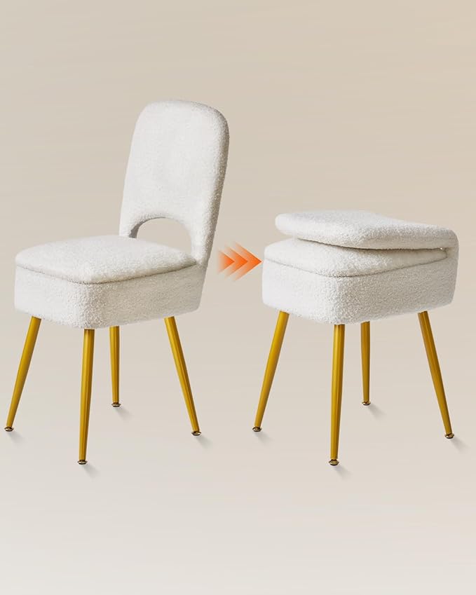 IBUYKE Small Storage Vanity Stool with Folding Backrest, 12.99" x 13.78" x 31.5" Square Teddy Velvet Ottoman, Makeup Chair for Living Room, 4 Metal Legs with Anti-Slip Feet, White WBD027W