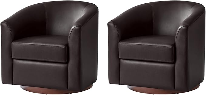 HULALA HOME Faux Leather Swivel Accent Chairs Set of 2 with Solid Wood Base, Round Swivel Barrel Chairs for Living Room and Bedroom, Brown