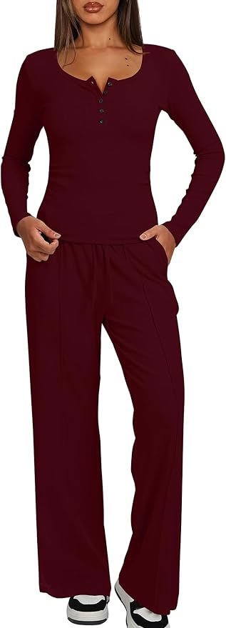 Darong Womens 2 Piece Matching Lounge Sets 2026 Long Sleeve Henley Shirts Wide Leg Pants Airport Travel Outfits