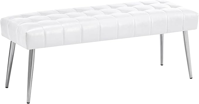 Apicizon 44.5”Ottoman Bench, Modern Faux Leather Bedroom Bench with Square Pull Point Design, Modern Cushion Ottoman Bench for Bedroom, Living Room, Entryway，White