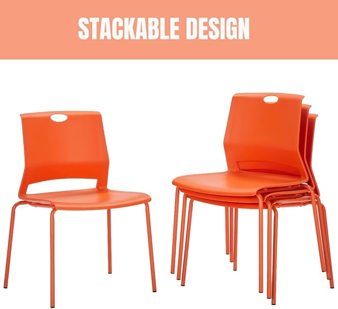 Stackable Chairs Set of 4, Office Waiting Room Chair Plastic Seat, Orange Stacking Chairs with Sturdy Metal Legs, Guest Chair for Conference Rooms, Churches, Living Rooms, Classrooms(Orange).