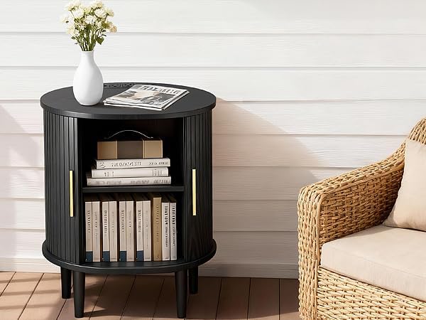 DHH Mid Century Modern Nightstand with Charging Station, Fluted Accent Side Table with Sliding Door & Adjustable Shelf, End Table for Small Space, Living Room, Bedroom,Sofa Couch (1, Black)