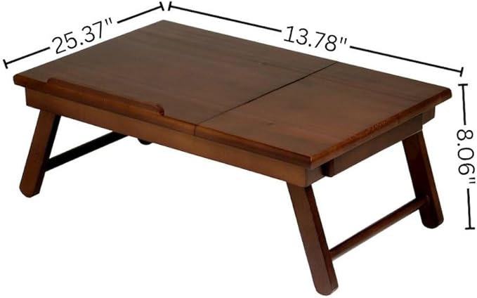 Flip Top Lap Desk with Drawer, Foldable Legs, Tilting Surface for Reading, Solid Wood, Brown, Portable