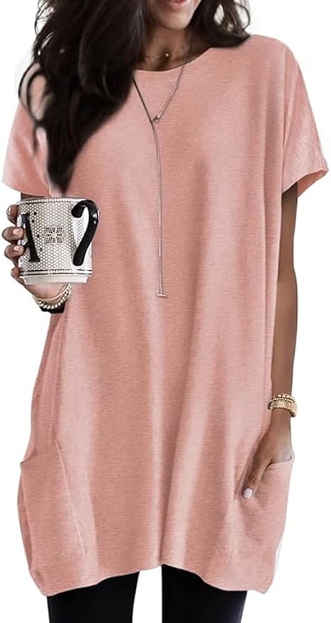 Poetsky Summer Womens Tunic Tops for Leggings with Pockets Short Sleeve Casual Long T Shirts S-3XL