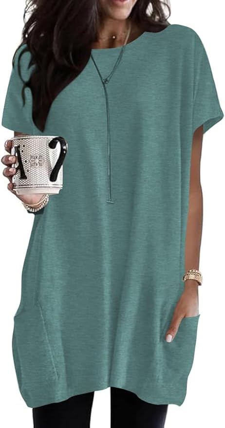 Poetsky Summer Womens Tunic Tops for Leggings with Pockets Short Sleeve Casual Long T Shirts S-3XL