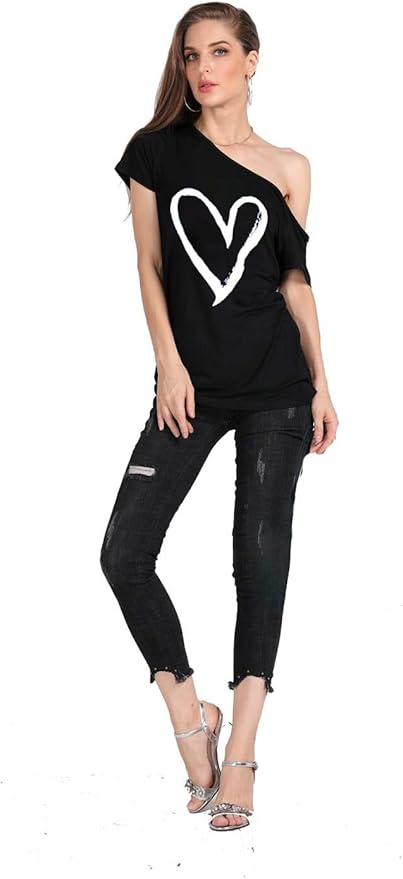 MAGICMK Women’s Short Lips Print Causal Off The Shoulder Plus Size T-Shirt Tops