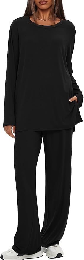 Darong Women's 2 Piece Lounge Set Casual Long Sleeve Crew Neck Tops Wide Leg Pants Travel Airport Outfit Matching Sets