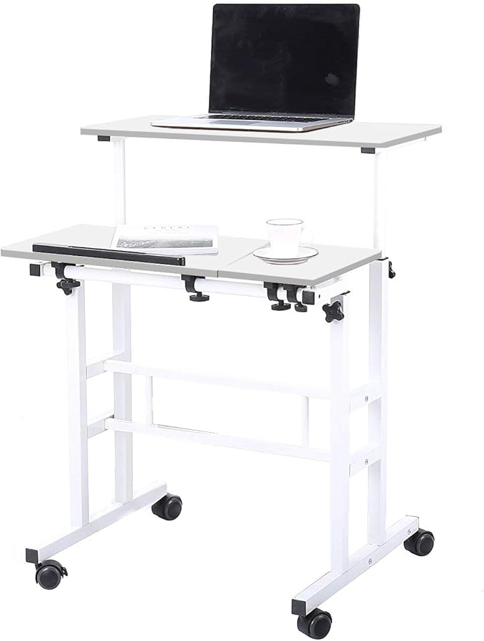 DlandHome Adjustable Rolling Sit-Stand Desk, Mobile Computer Desk Stand Up Workstation, White