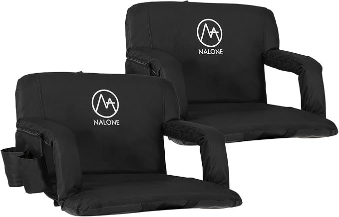 nalone Folding Stadium Seat Set of 2, 25 inch Extra Wide Stadium Chairs for Bleachers Stadium Seat Bleacher Chairs Portable with Back Supports Thick Padded Cushion Armrests Reclining (Black)