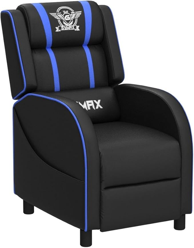 GYMAX Gaming Recliner, Massage Gaming Chair w/Adjustable Footrest, Remote Control & Side Pocket, Ergonomic Game Lounge Chair, Racing Style Single Theater Seat Game Sofa for Adults (Blue)