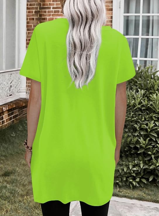 Poetsky Summer Womens Tunic Tops for Leggings with Pockets Short Sleeve Casual Long T Shirts S-3XL