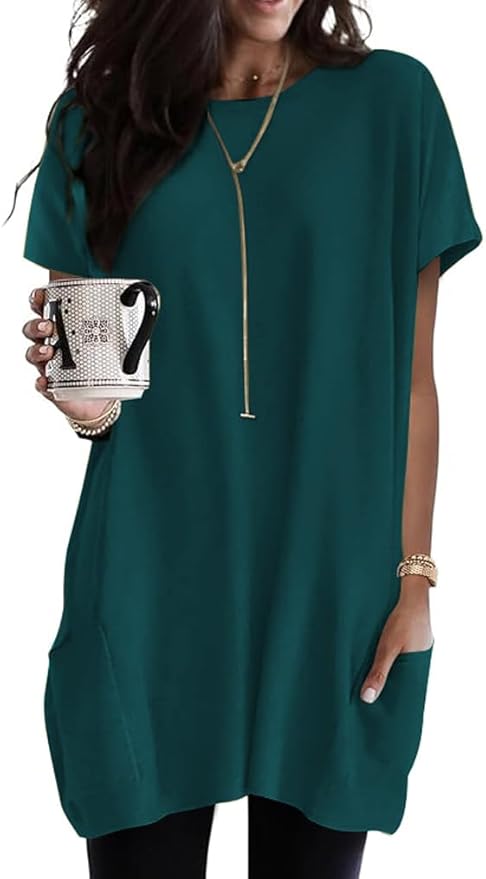 Poetsky Summer Womens Tunic Tops for Leggings with Pockets Short Sleeve Casual Long T Shirts S-3XL