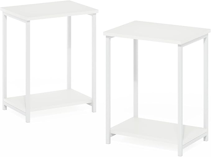 Furinno Simplistic Side Table Set of 2, 2-Tier Metal Frame Modern End Table with Open Shelf, Night Stand, Bedside Table, for Living Room, Bedroom, White