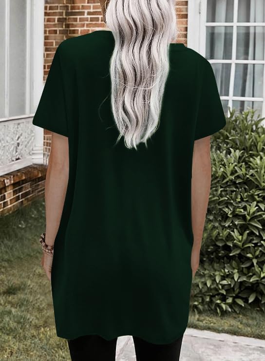 Poetsky Summer Womens Tunic Tops for Leggings with Pockets Short Sleeve Casual Long T Shirts S-3XL
