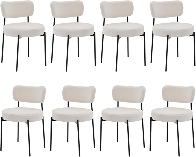 Stabrech White Boucle Dining Chairs Set of 8, Upholstered Dinner Chair with Metal Frame, Dining Room Chairs with Padded Seat, Round Modern Seating for Living Room