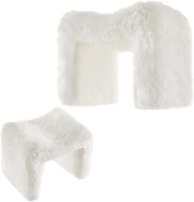 Ottoman Set of 2 Small Footstool Ottoman Vanity Stool Chair Faux Fur Seating Backless Modern Foot Rest Furry for Makeup Room Living Room Bedroom Entryway,White (2-in-1)