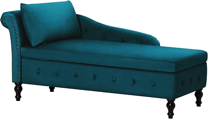 ACMEASE Upholstered Chaise Lounge with Left Armrest & Lumbar Pillow,Button Tufted Lounge Sofa with Storage,Lounge Chair Indoor,Modern Velvet Lounge Chair for Bedroom, Living Room and Office,Teal