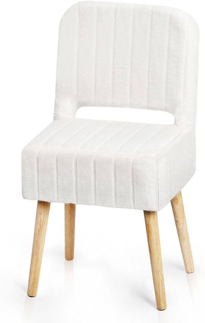 Shinoske Vanity Stool with Storage,White Faux Rabbit Fur Small Makeup Chair for Vanity,Storage Ottoman with Folding Back,Modern Footstool with 4 Solid Wood Legs for Bedroom,Living Room,Home Office