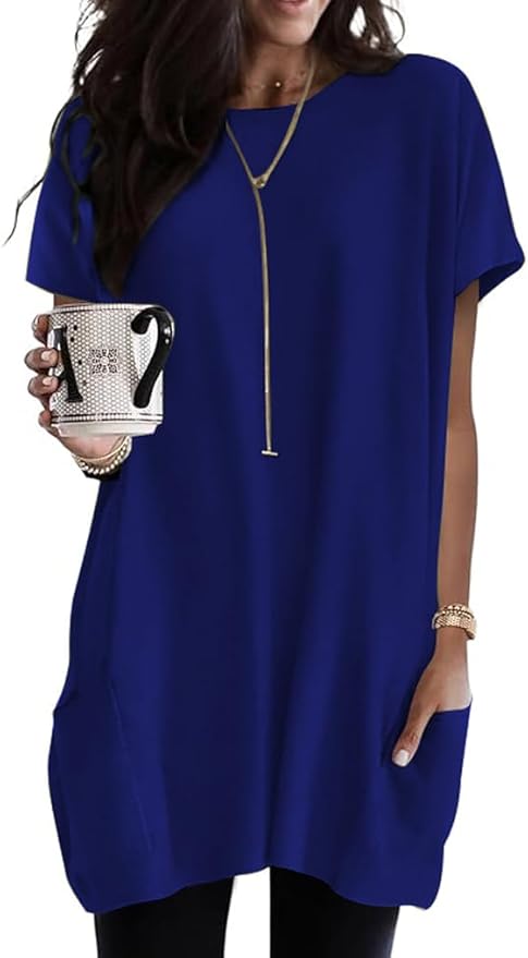 Poetsky Summer Womens Tunic Tops for Leggings with Pockets Short Sleeve Casual Long T Shirts S-3XL