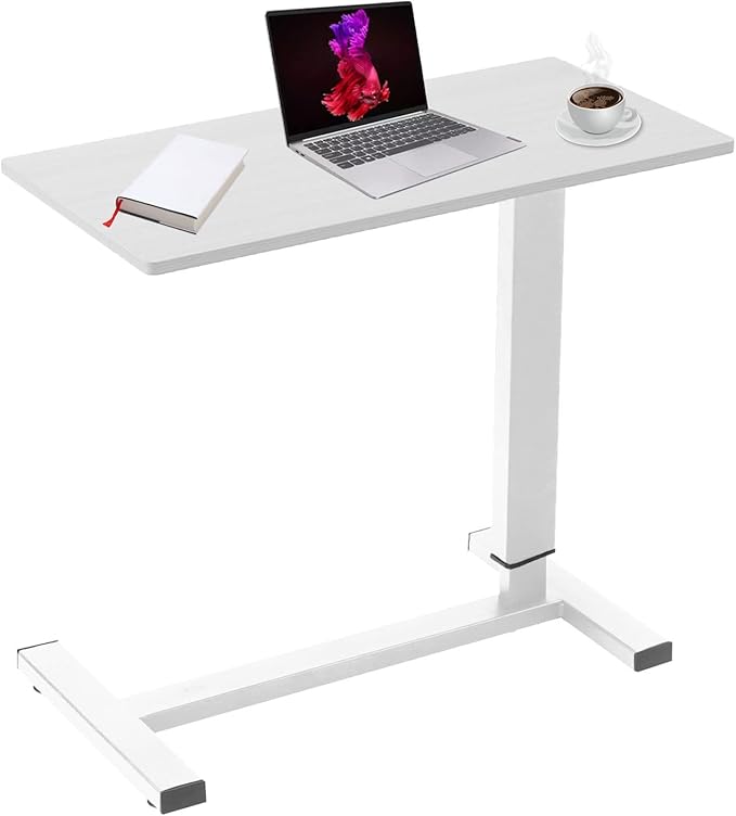 Overbed Table with Swivel Hidden Wheels Adjustable Height, Pneumatic Mobile Standing Desk Laptop Bedside Table Multi-Purpose for Home and Hospital Use (White)