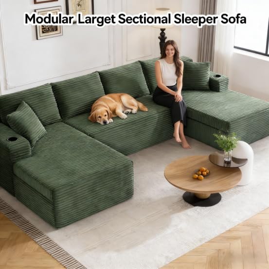 134" Modular Cloud Sectional Sleeper Sofa Couch for Living Room, U Shaped 6 Seat Sofa with 2 Storage Pockets, 2 Pillows & 2 Cup Holders, No Assembly Required (Green)