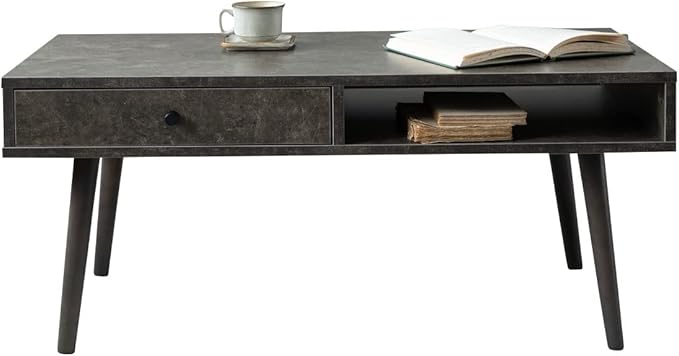 EMOOR Wooden Small Coffee Table with Storage Rectangle Medium (35.4"x17.7") Stone Gray, Floor Sitting Low Table Small Space Minimalist Japanese Tatami Room