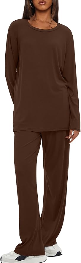Darong Women's 2 Piece Lounge Set Casual Long Sleeve Crew Neck Tops Wide Leg Pants Travel Airport Outfit Matching Sets