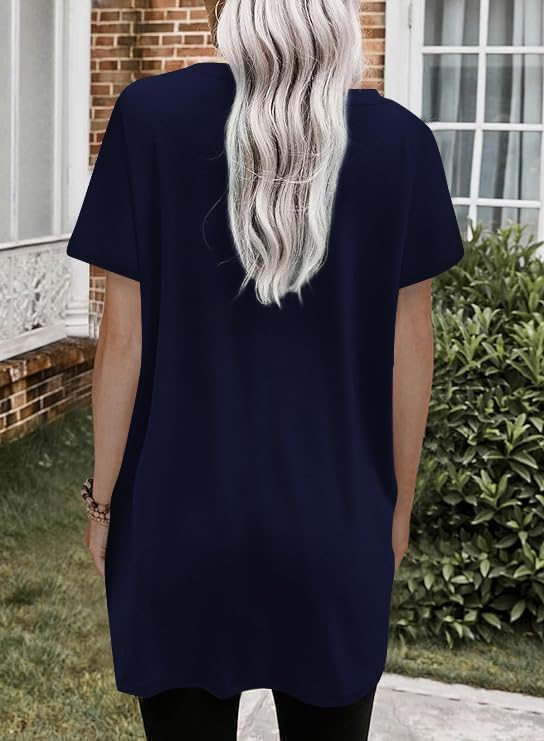 Poetsky Summer Womens Tunic Tops for Leggings with Pockets Short Sleeve Casual Long T Shirts S-3XL