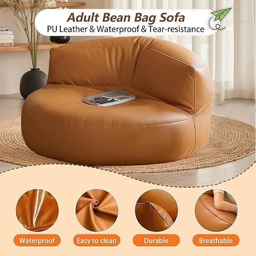 Bean Bag Chairs for Adults, Faux Leather Bean Bag Sofa, Ergonomic Support & Easy Clean with Wet Wipes, DIY Filling for Living Room, Bedroom, Garden Floor Seating (B)