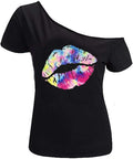 MAGICMK Women’s Short Lips Print Causal Off The Shoulder Plus Size T-Shirt Tops