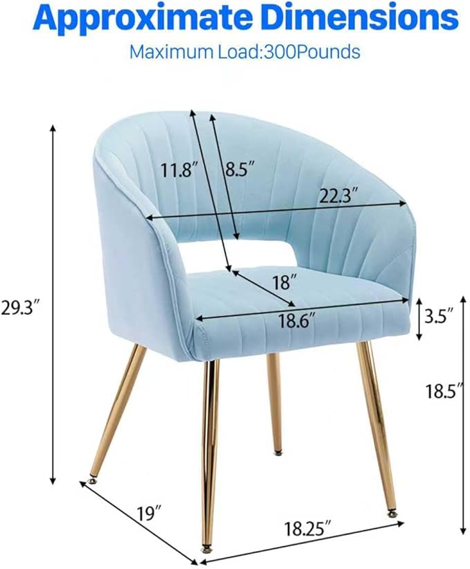KCC Modern Accent Dining Chairs Set of 2, Upholstered Velvet Dining Room Chairs with Hollow Back, Tufted Kitchen Chairs Side Chair with Gold Metal Legs for Living Room Restaurant, Baby Blue