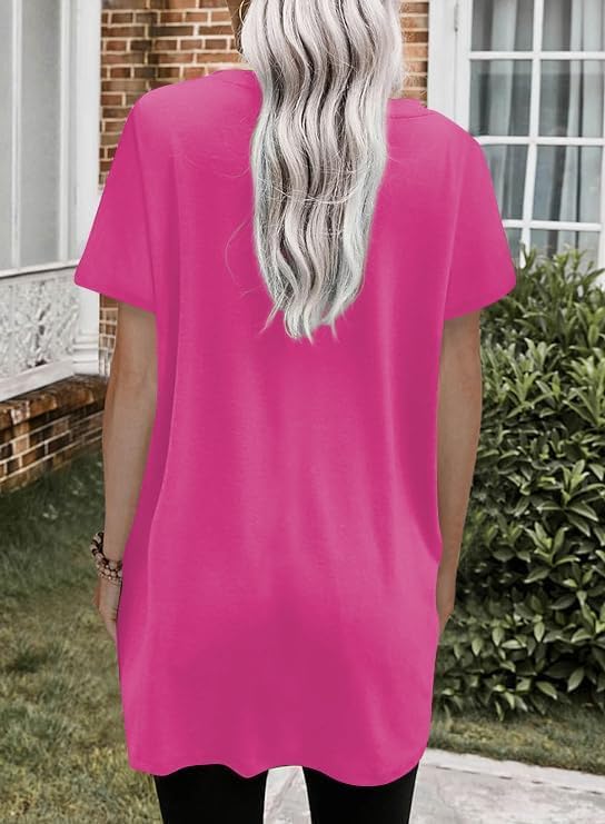 Poetsky Summer Womens Tunic Tops for Leggings with Pockets Short Sleeve Casual Long T Shirts S-3XL