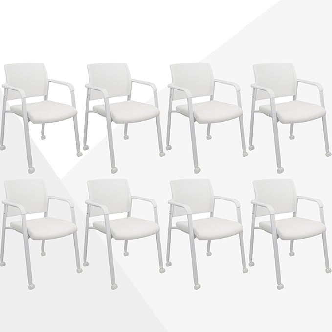 CLATINA Rolling Conference Chairs, 8 Pack Stackable with Wheels and Paddle, Ergonomic Mesh Back and Arms for Meeting, Conference, Training Room & Home Office (White)
