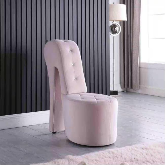 First of a Kind 19" Modern Shoe Chair - Crystal Studded Velvet High Heel Chair with Medium Firm Comfort - Luxurious Decor Addition for Bedroom, Living Room & Studio, (Pink)