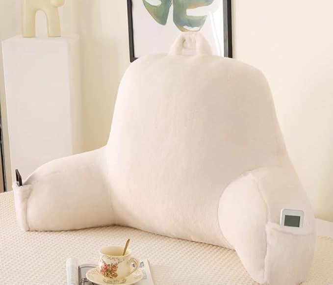 PAJEO Reading Pillow for Sitting in Bed, Large Backrest Reading Pillow with Arm Rest,Back-Rest Support Cushion for Sit Up on Couch, Sofa, and Floor, Dorm Essentials (White Faux Fur, Large(19"))