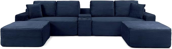 150" Oversized Modular Sectional Sofa, Deep Seat Cloud L-Shape Corduroy Couch with Cup Holders, USB Ports, Wireless Charging & Storage Box, Upholstered Modular Sleeper Sofa for Living Room (Blue)