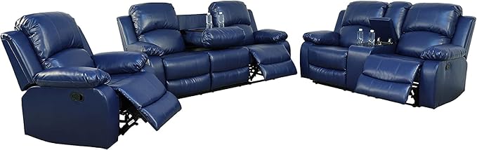 AYCP Bonded Leather 3-Piece Sofa Set, Blue, Manual Recline, Loveseat, Storage, Coffee Table, Artificial Leather, Living Room