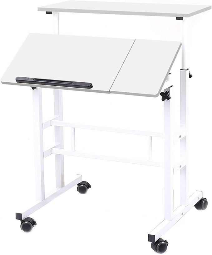 DlandHome Adjustable Rolling Sit-Stand Desk, Mobile Computer Desk Stand Up Workstation, White