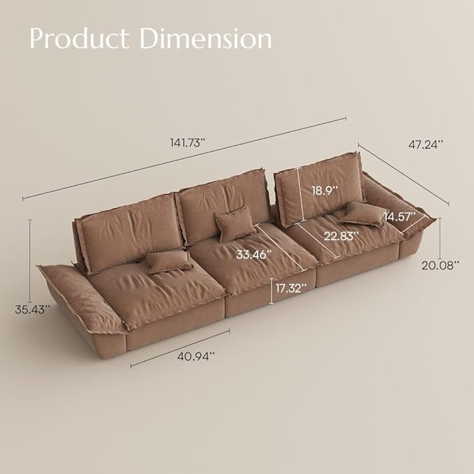 POVISON Oversized Modular Sectional Sailboat Sofa for Living Room with Adjustable Backrest Sectional Couches Large Deep Sofa Set 3 Seats Big Comfy Cloud Couch for House Office