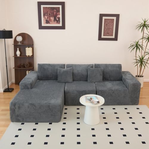 112.99" Boneless Cloud Couch, L Shaped Sectional Sofa with Chaise, No Assembly Required, Sink-in Corduroy Fabric & Memory Foam, Plush Modular Sofa for Apartment, Lounge, Dorm (Grey)