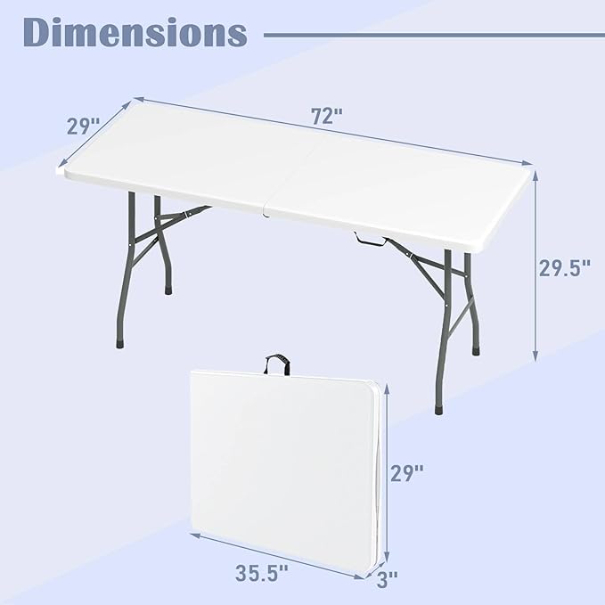 Tangkula 6 FT Folding Table, Indoor Outdoor Foldable Plastic Table with HDPE Tabletop, Sturdy Metal Fame, Carrying Handle, Heavy Duty Portable Fold-in-Half Picnic Table for Camping BBQ Party