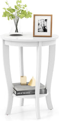 GOFLAME 2-Tier Round End Table, 18” Sofa Side Table with Storage Shelf, Floor Tea Table with Solid Wood Legs, Compact Nightstand for Small Space, Living Room, Bedroom, White