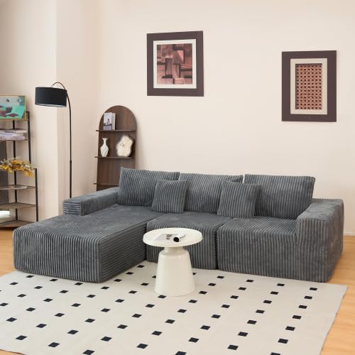 112.99" Boneless Cloud Couch, L Shaped Sectional Sofa with Chaise, No Assembly Required, Sink-in Corduroy Fabric & Memory Foam, Plush Modular Sofa for Apartment, Lounge, Dorm (Grey)