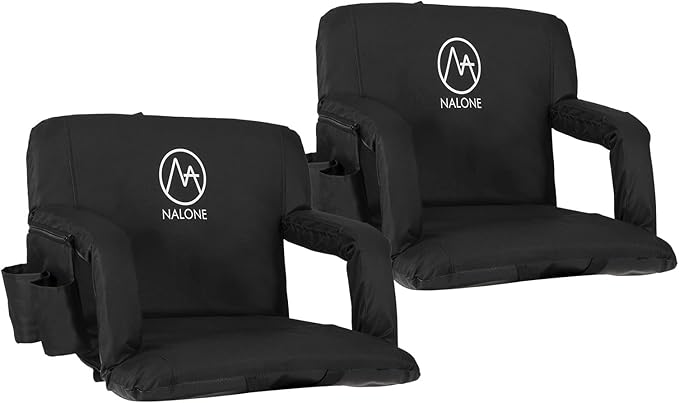nalone Folding Stadium Seat Set of 2, 20.5 inch Wide Stadium Chairs for Bleachers Stadium Seat Bleacher Chairs Portable with Back Supports Thick Padded Cushion Armrests Reclining(Black)
