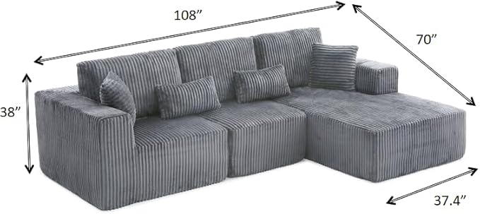 108" Boneless Cloud Sectional Couches for Living Room, Comfy Fluffy L Shaped Memory Foam Deep Seat Boneless Couch, Modular Sectional Sofa with Right Facing Chaise, Dark Grey