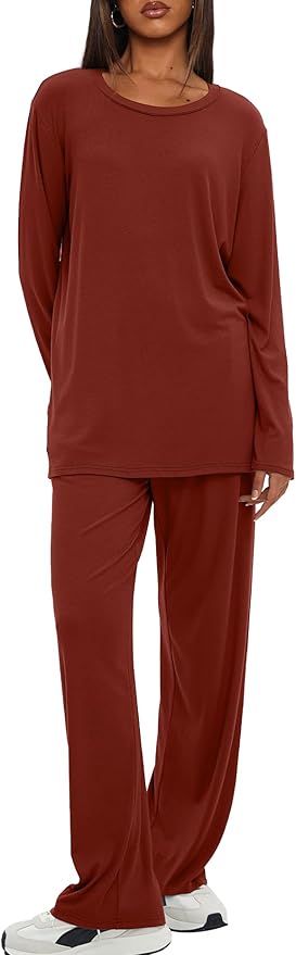 Darong Women's 2 Piece Lounge Set Casual Long Sleeve Crew Neck Tops Wide Leg Pants Travel Airport Outfit Matching Sets