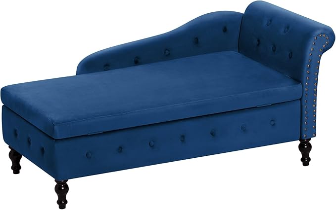 ACMEASE Upholstered Chaise Lounge with Right Armrest & Lumbar Pillow,Button Tufted Lounge Sofa with Storage,Lounge Chair Indoor,Modern Velvet Lounge Chair for Bedroom, Living Room and Office,Blue