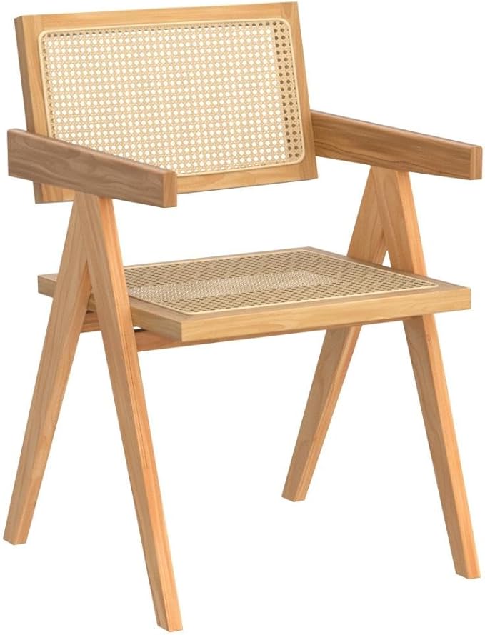 Rattan Dining Chairs Set of 4, Wooden Armchair Cane Kitchen Chairs with Arms, Light Walnut Color